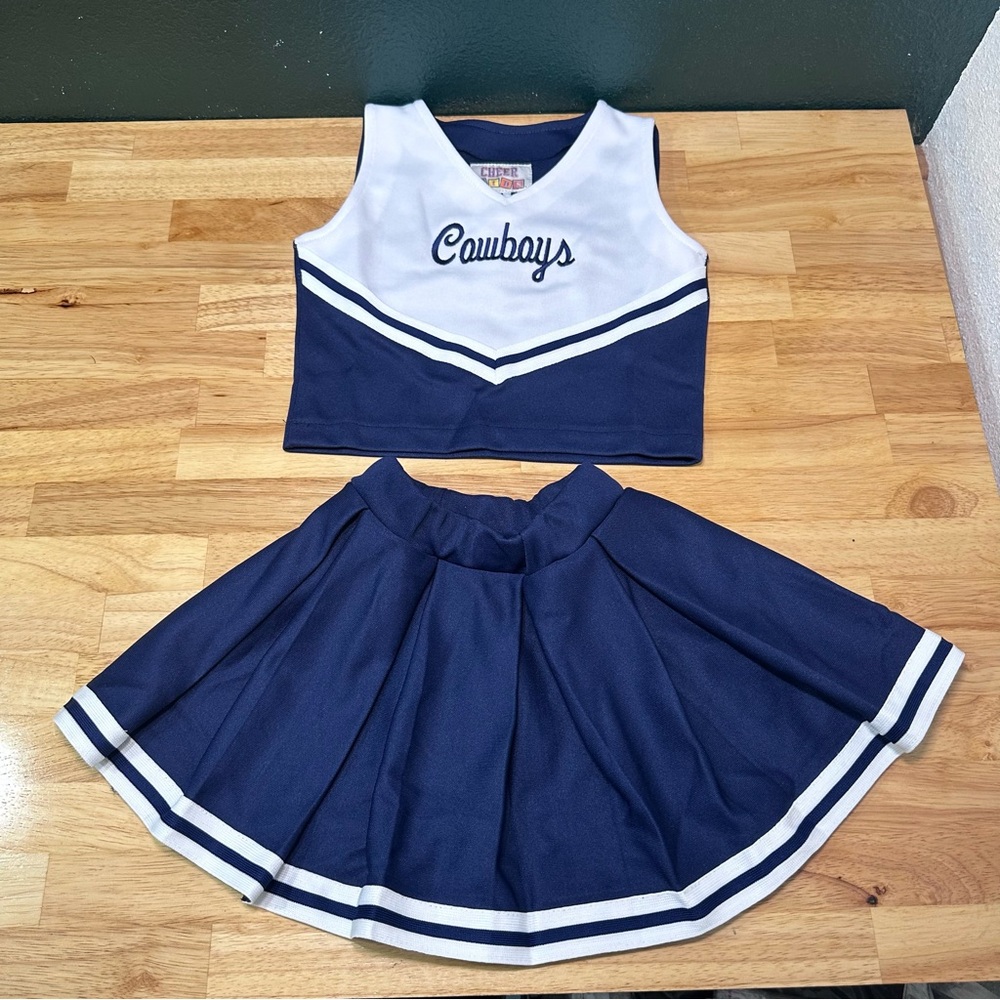 Cowboy Cheerleading Girls Sz 4/ 2 Navy White Trim Hem Pleated Skirts and 1 Top